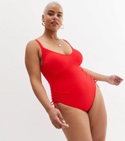 New Look Curves Red Textured Ruched Side Swimsuit